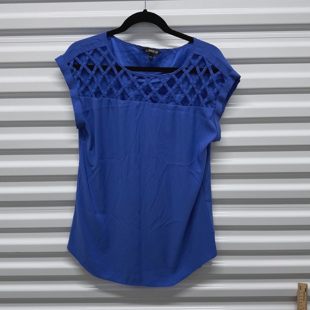 Express Royal Blue Lattice Cage Neckline Blouse Cap Sleeve Top Medium — photo 2